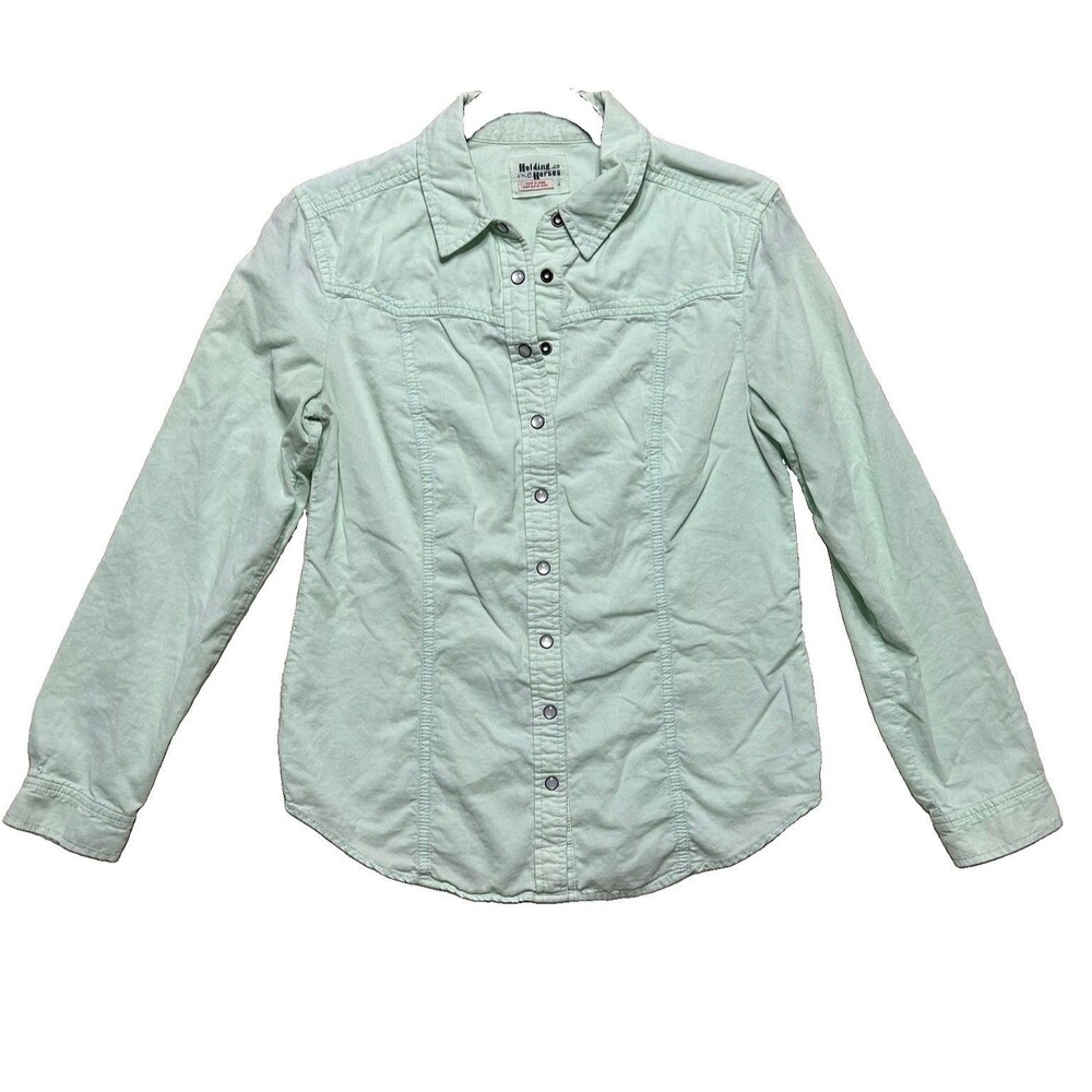 Anthropologie Holding Horses Shirt Sz 4 Green 100% Cotton Western Button up